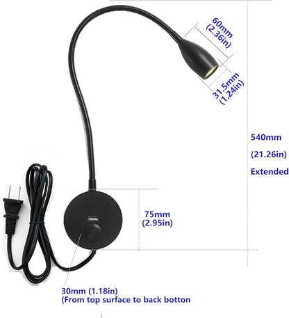 Dimmable Reading Light Plug in Wall Mounted Bedside Headboard Reading Light Task Directional Gooseneck LED Light 3W Output (Black, 120V Plug in, Warm White)