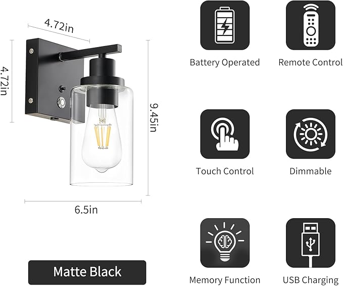 Dimmable Battery Operated Wall Sconce Set of 2 Black with 3-Color Temperature Bulb, 10000mAh Rechargeable Wireless Wall Sconces Set of Two with Remote Control Wall Light for Bedroom, Hallway