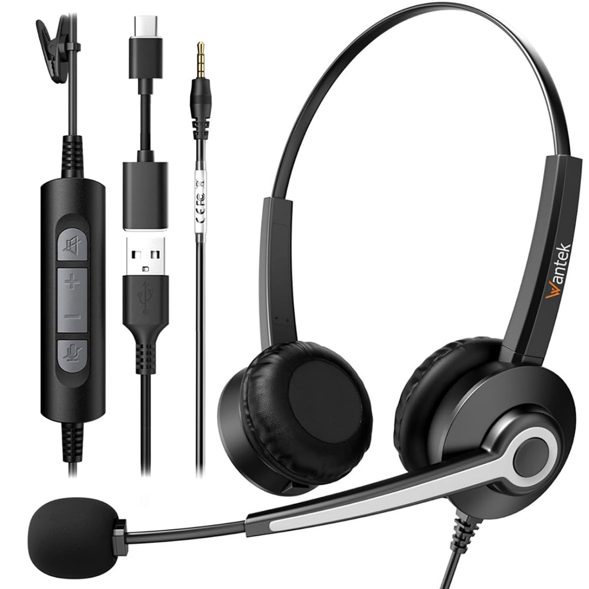 Wantek USB Headset with Microphone for PC, Computer Laptop Headset with Call Answer Button for MS Teams & IP Phones, Lightweight Design & Memory Foam Cushions for All-Day Comfort