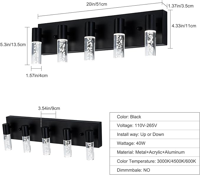5-Light LED Vanity Light Fixture in Black - Modern Bathroom Lighting, Over Mirror Illumination | Multicolor Temperature 3000K/4000K/6000K | Stylish Bathroom Decor & Energy-Saving 25W Vanity Lighting