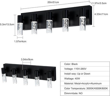 5-Light LED Vanity Light Fixture in Black - Modern Bathroom Lighting, Over Mirror Illumination | Multicolor Temperature 3000K/4000K/6000K | Stylish Bathroom Decor & Energy-Saving 25W Vanity Lighting