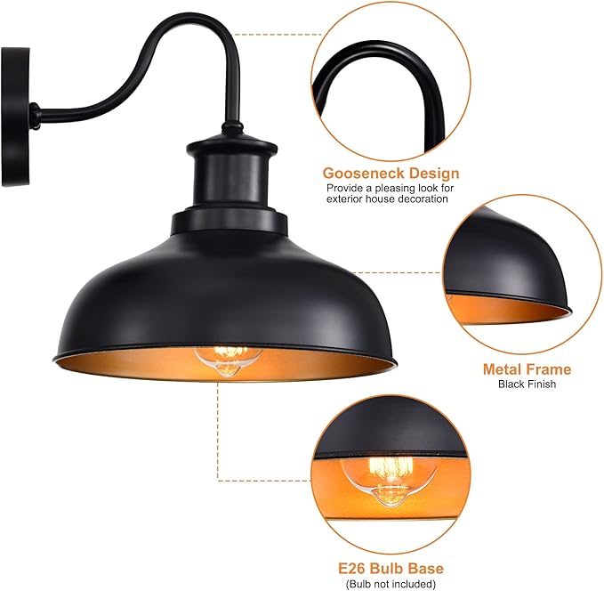 Outdoor Gooseneck Barn Lights, Farmhouse Outdoor Wall Sconces, Rustic Exterior Wall Mount Lights, Vintage Outside Lighting Fixtures, Industrial Black Gold Lanterns for Porch Garage Patio, 2 Pack