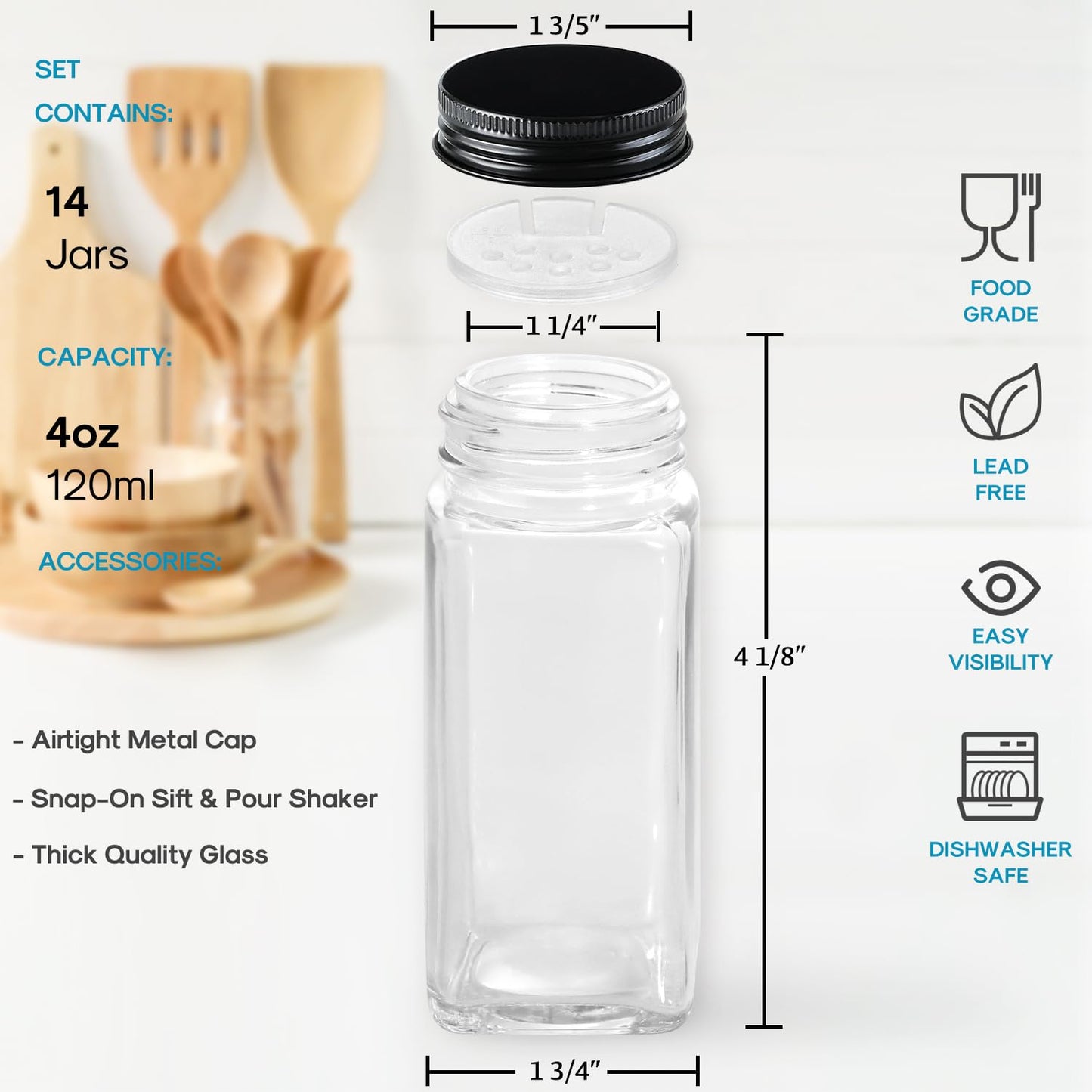 AOZITA 14 Pcs Glass Spice Jars with Spice Labels - 4oz Empty Square Spice Bottles - Shaker Lids and Airtight Metal Caps - Chalk Marker and Silicone Collapsible Funnel Included