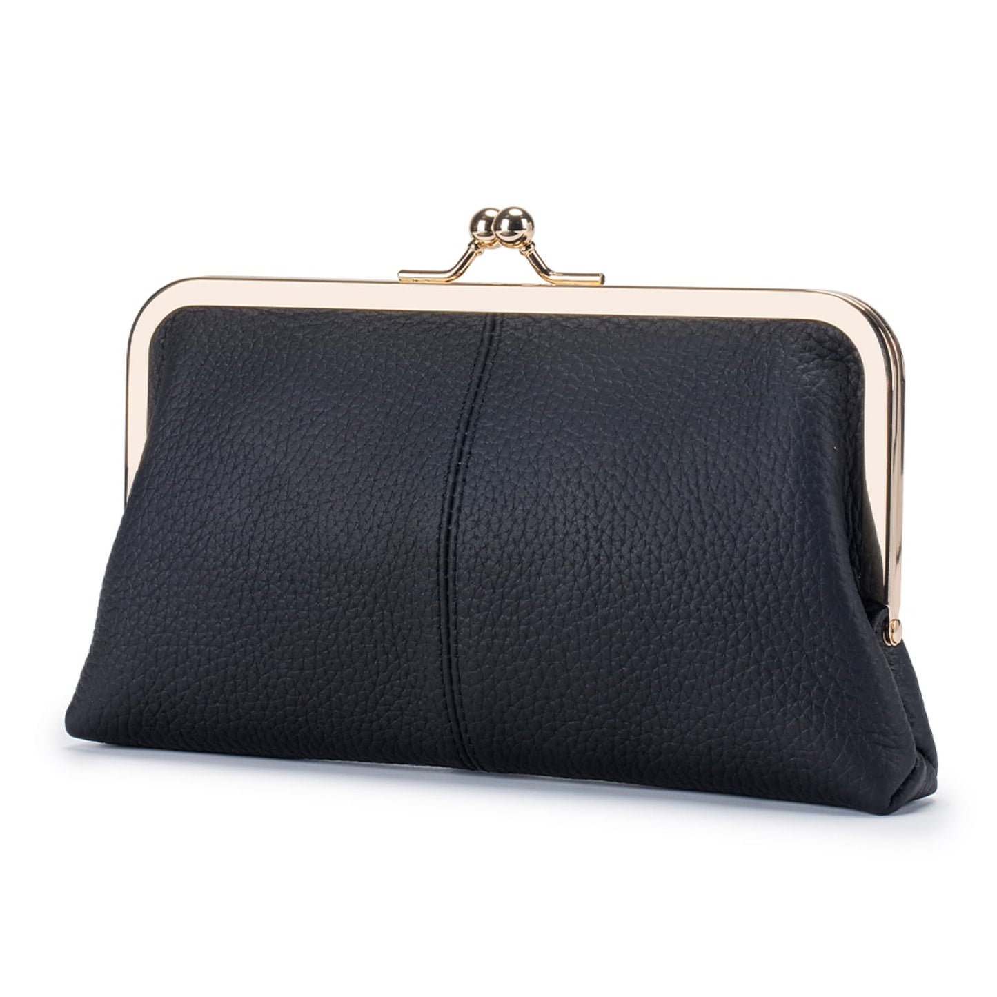 Leather Wallet for Women with Kiss Lock Closure, Multiple Card Slots, Smartphone Holder, 8.07 x 4.72 Inches (Black)