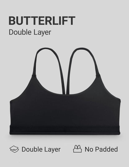 CRZ YOGA Butterlift Double Lined V Back Sports Bras for Women - Scoop Neck Spaghetti Strap Wireless Yoga Top Non Padded Black Small