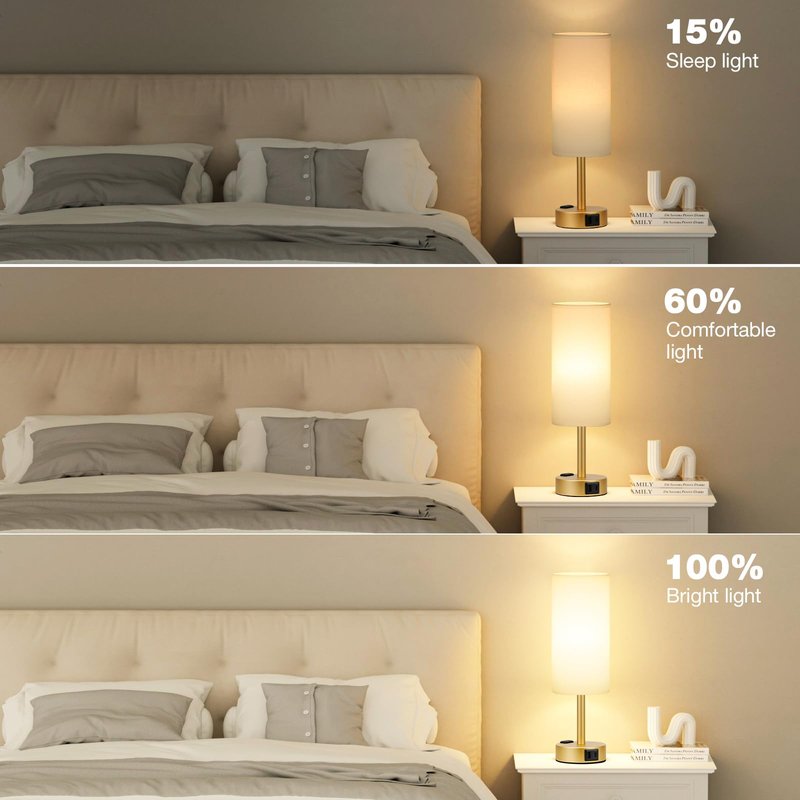 Fenmzee Gold Touch Lamp for Bedroom- 3 Way Dimmable Bedside Lamp USB C A Charging Ports and AC Outlet, Small Table Lamp White Linen Lampshade for Gift, LED Bulb Included