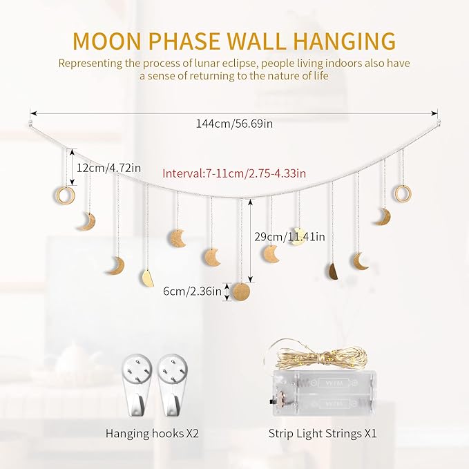 Moon Phase Wall Decor with LED String Light, 13 Gold Wood Boho Wall Hanging Decor Mood Garland 56'' - Celestial Phases Moon Decoration in Bohemian Style for Bedroom Home Living Room Fall Art Gifts
