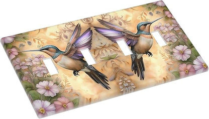 Decorative Art Light Switch Covers Blossom & Hummingbird Quad Toggle 4 Gang Wall Plate Switch plate Electrical Faceplate for Home Decor
