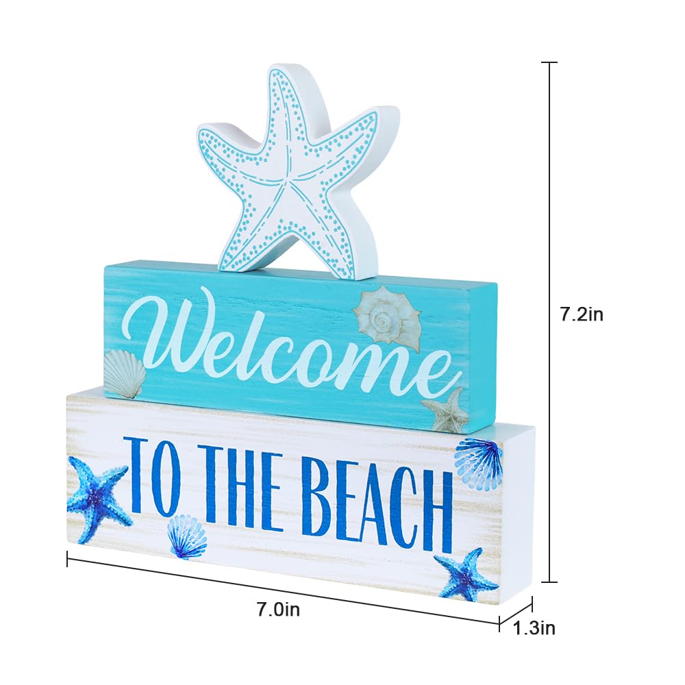 Beach Decorations for Home, MEETYAMOR 3-Layered Starfish Seashell Coastal Wood Block Beach Decor, TO THE BEACH Sign Ocean Decor for the Home, Table, Mantel