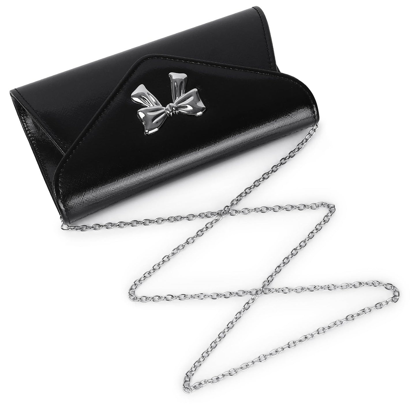 Gurina Evening Clutch Purse for Women with Bow Detail, Elegant PU Leather Shiny Party Bag with Detachable Chain Wedding Prom Handbag (Black L70)