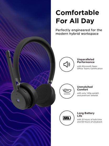 Lenovo Wireless VoIP Headset Teams Certified, Noise-Canceling Mic, Bluetooth 5.3 Multipoint, USB-A Receiver, 31-Hour Talk & 60-Hour Playback, Lightweight Over-Ear Design, Replaceable Earcups
