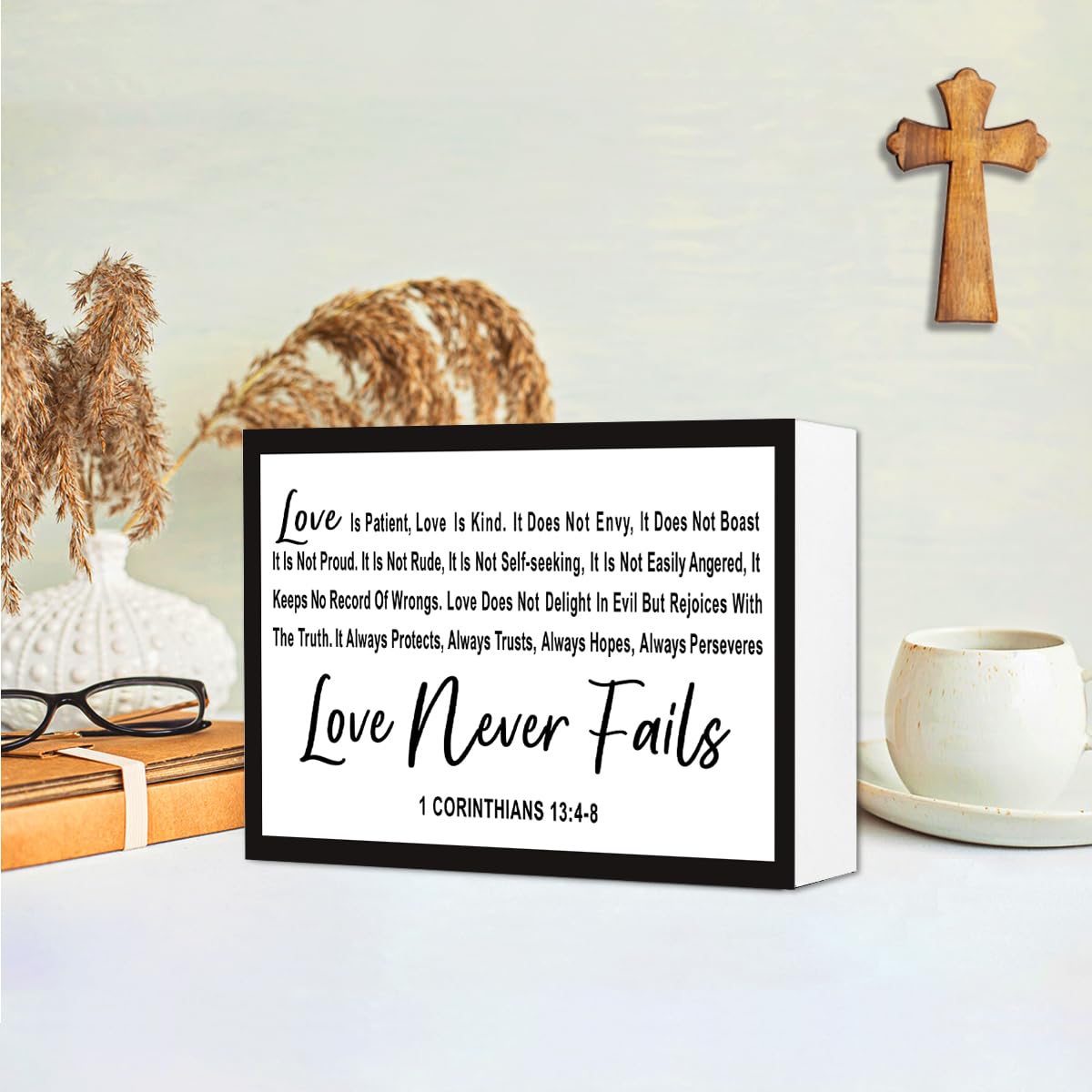 Love is Patient Love is Kind Wood Box Sign Desk Decor,1 Corinthians 13:4-8 Bible Verse Wooden Block Sign for Home Farmhouse Bedroom Wall Shelf Tabletop Decor