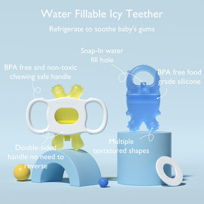 Momcozy Baby Teether Toys, Water Fillable Silicone Cold Baby Teething Toys Chill Teether, Baby Water Teether for Teething Relief 0-12 Months, Green and Pink 2 Pcs