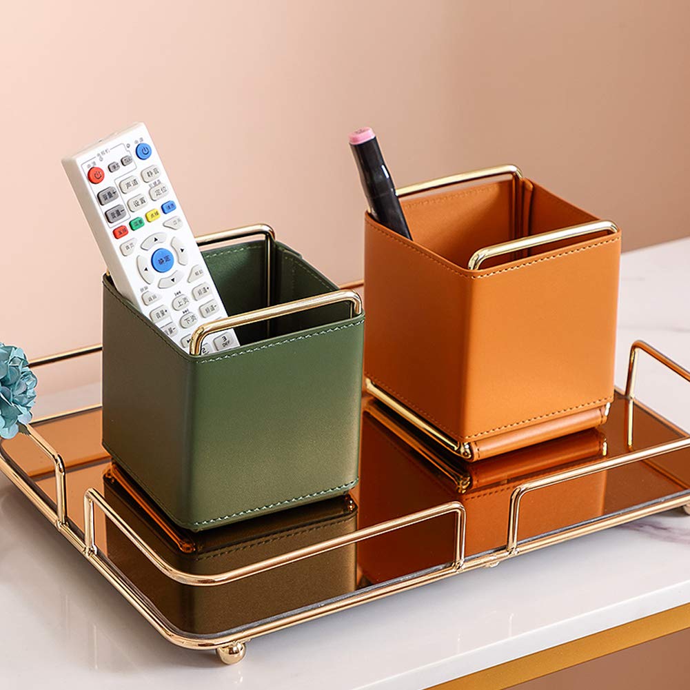 Kelendle Leather Pencil Holder Desktop Organizer Iron Art Desktop Makeup Brush Remote Control Storage Box Office Pen Holder for Desk Brown