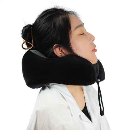 Memory Foam Travel Pillow, Neck Pillow with 360-Degree Head Support, Comfortable and Lightweight, Ideal for Sleeping on Airplane, Car, Train, Bus and Home Use, Comes with Storage Bag (Black)