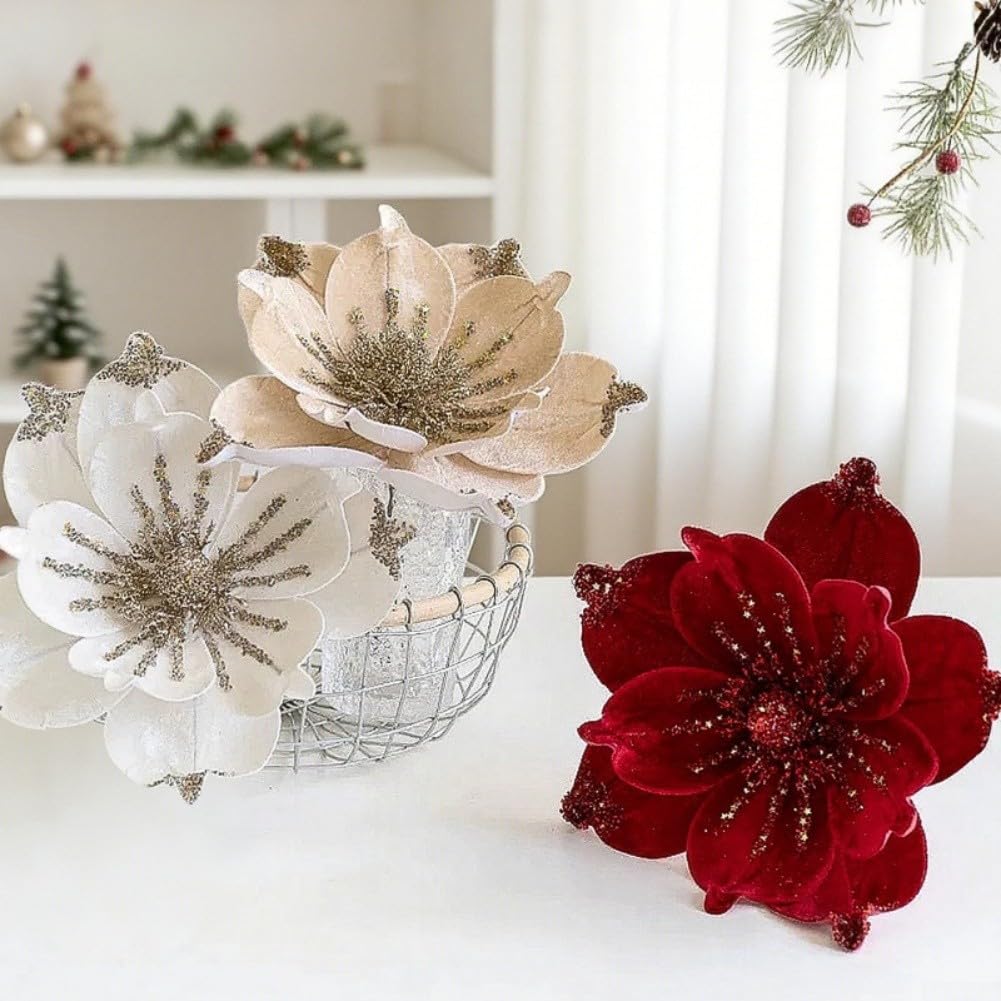 Christmas Tree Magnolia Picks with Artificial Magnolia Flowers, Fabric Ornaments to Create Festive Holiday Decor (Red)