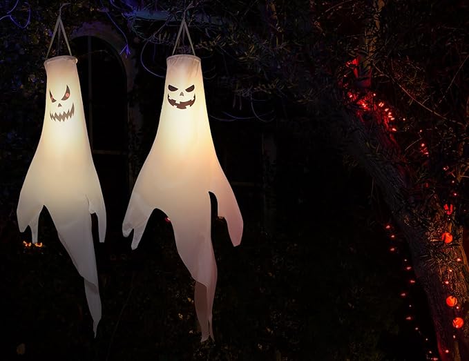 Halloween-Decorations-Outdoor Hanging-Ghost Windsocks for Trees with Timer, LED Ghosts to Hang in Tree Porch Yard, Waterproof, Timer, 4 Pcs (No Batteries)