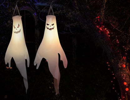 Halloween-Decorations-Outdoor Hanging-Ghost Windsocks for Trees with Timer, LED Ghosts to Hang in Tree Porch Yard, Waterproof, Timer, 4 Pcs (No Batteries)