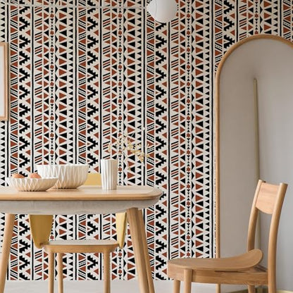 wishFIRE Black and Brown Geometric Boho Peel and Stick Wallpaper 17.3"¡¿120" Tribal Style Contact Paper Removable Waterproof Self-Adhesive Vinyl Film Wallpaper for Bedroom Kitchen