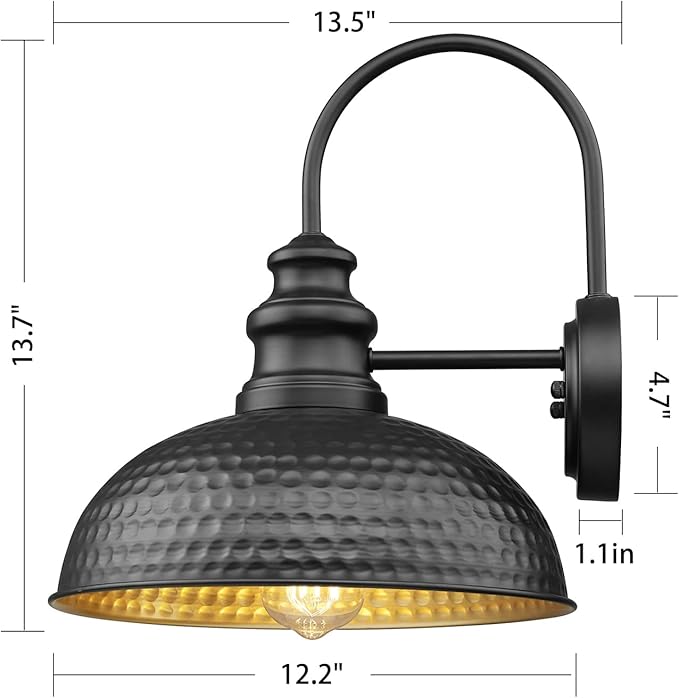 Farmhouse Outdoor Barn Light Fixtures, 12 Inch Dome Gooseneck Exterior Wall Lights, Rustic Outdoor Wall Sconces Outside Wall Mount Lantern with Bead Shape for Home, Porch, Garage, Doorway