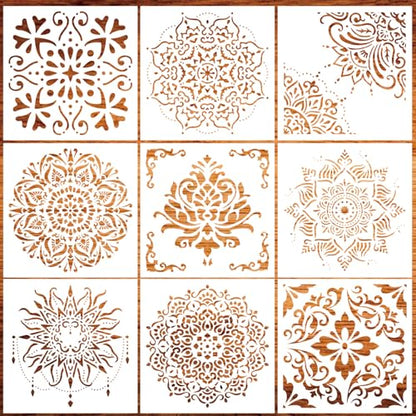 9 Pack 12 x 12 Inch Large Mandala Stencils, Furniture and Wall Mandala Stencils for Crafts Reusable for Wood, Canvas, Fabric and Spray Painting