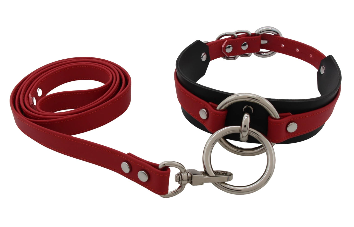 Lookook Fashion O-Ring Faux Leather Choker Necklaces Collar For Womens (Red Black Silver with Leash)