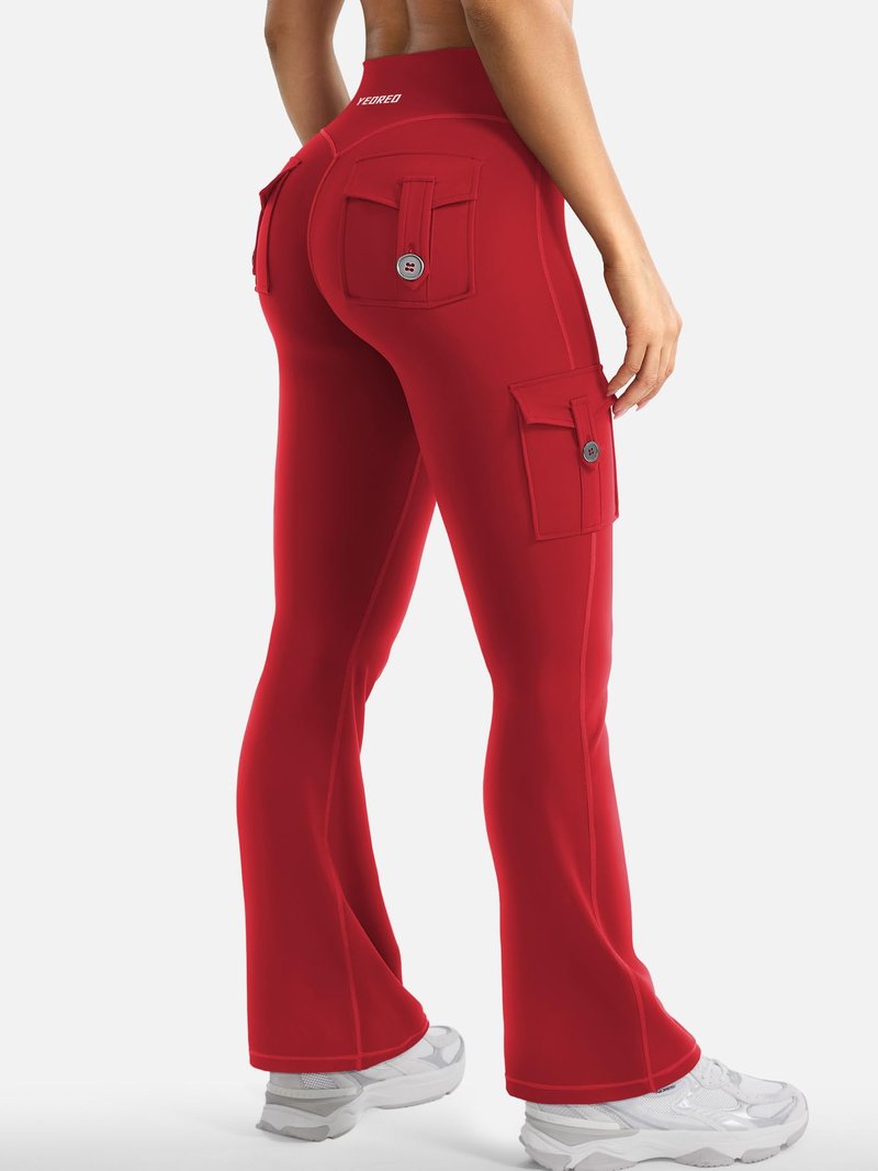 YEOREO CoreFlex Women Workout Flare Leggings with Pockets Scrunch Cargo Gym Yoga Leggings 28" Inseam Red S