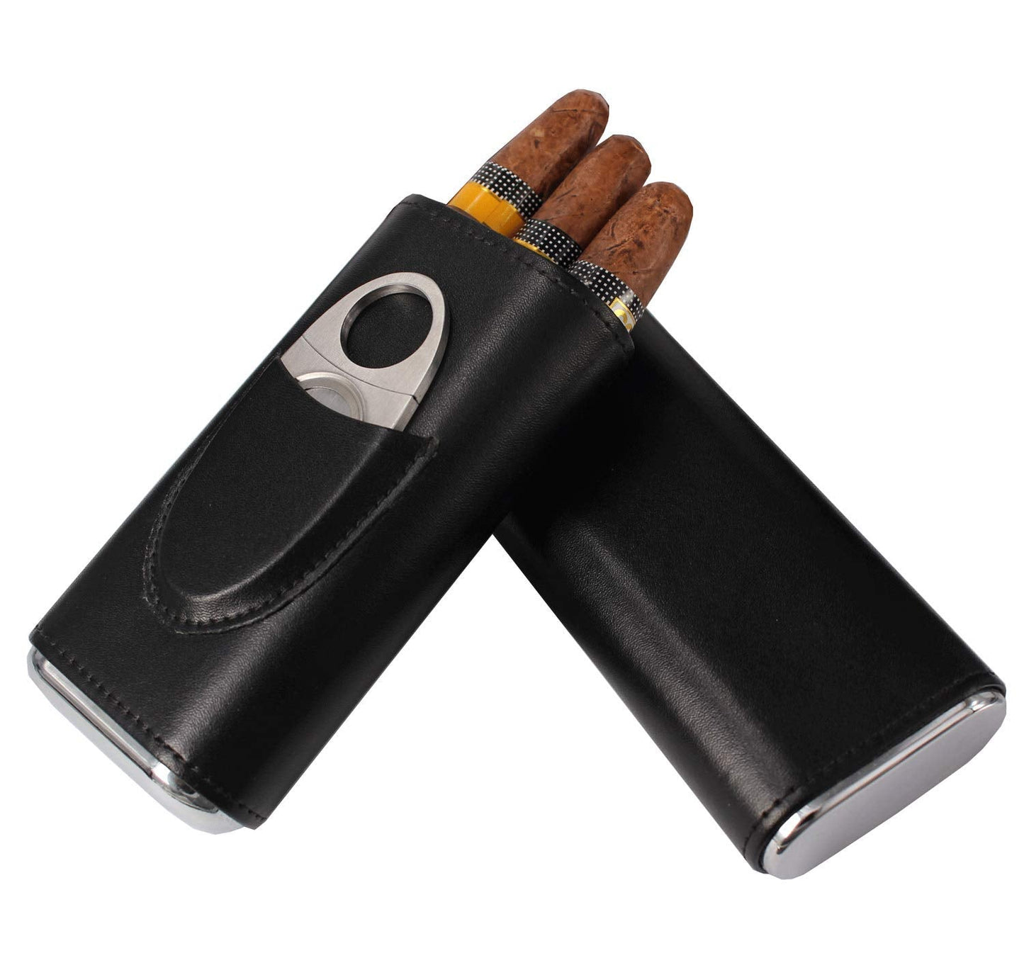 AMANCY Classic Black Leather 3 Fingers Cigar Case with Cedar Wood Lining, Jacket Pocket Suitable Travel Cigar Humidor Holder Silver Stainless Steel Cutter Contained
