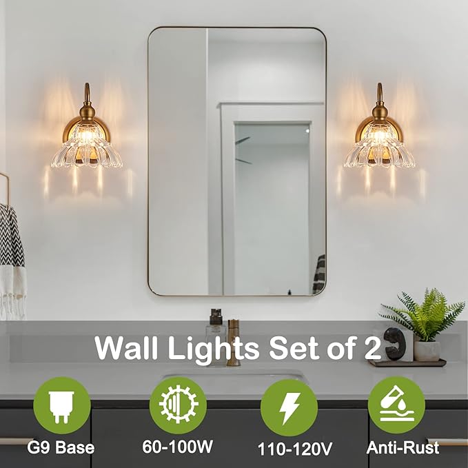 Vintage Brass Wall Sconce Bronze Bathroom Wall Light Made of Electroplated Copper Body and Pressed Patterned Glass Retro Vanity Lights for Bedroom, Doorway, Hallway