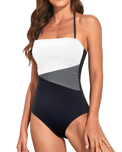 Holipick Women Black White Grey Strapless Bandeau One Piece Swimsuits Tummy Control Bathing Suits Halter Strapless Swimwear M