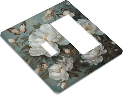 Decorative Art Light Switch Covers Butterflies & Peonies 2 Gang Single Toggle Rocker Combination Electrical Faceplate Switchplate Wall Plate for Home Decor