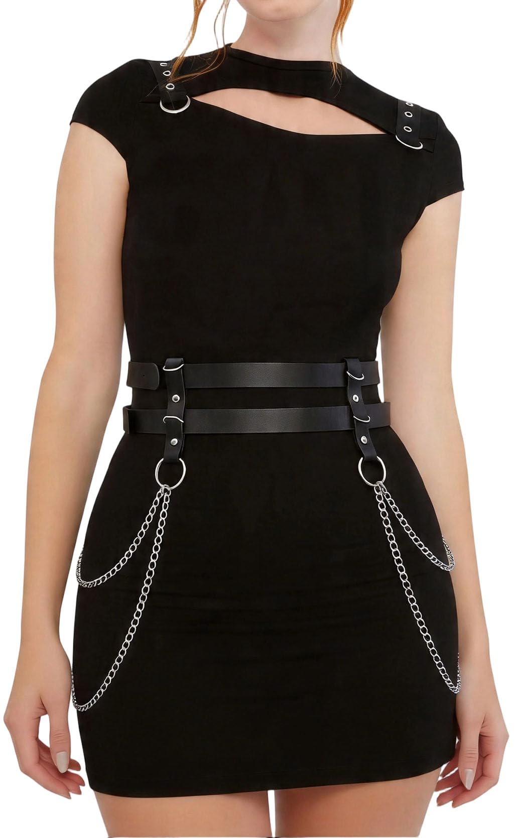 WARANDOD Adjustable PU Leather Double-Layer Chain Belt for Women, Punk Goth Waist Harness with Alloy Chains, Fashion Statement Accessory for Dresses & Outfits (Fit Waist 25.0-36.2in)