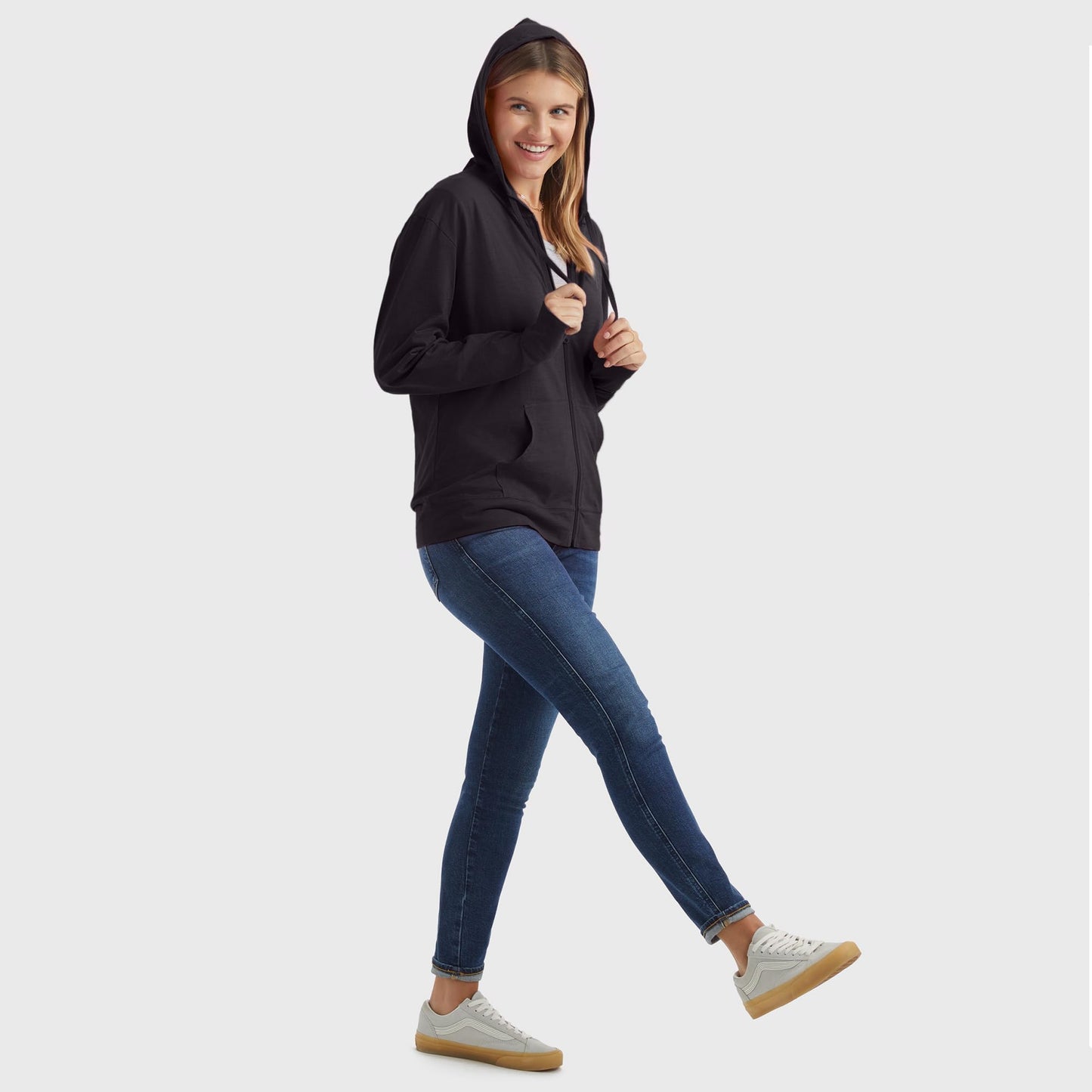 Hanes Womens Slub Knit Full-zip Hoodie, Textured Cotton Zip-up T-shirt For Fashion-hoodies, Black, X-Large US