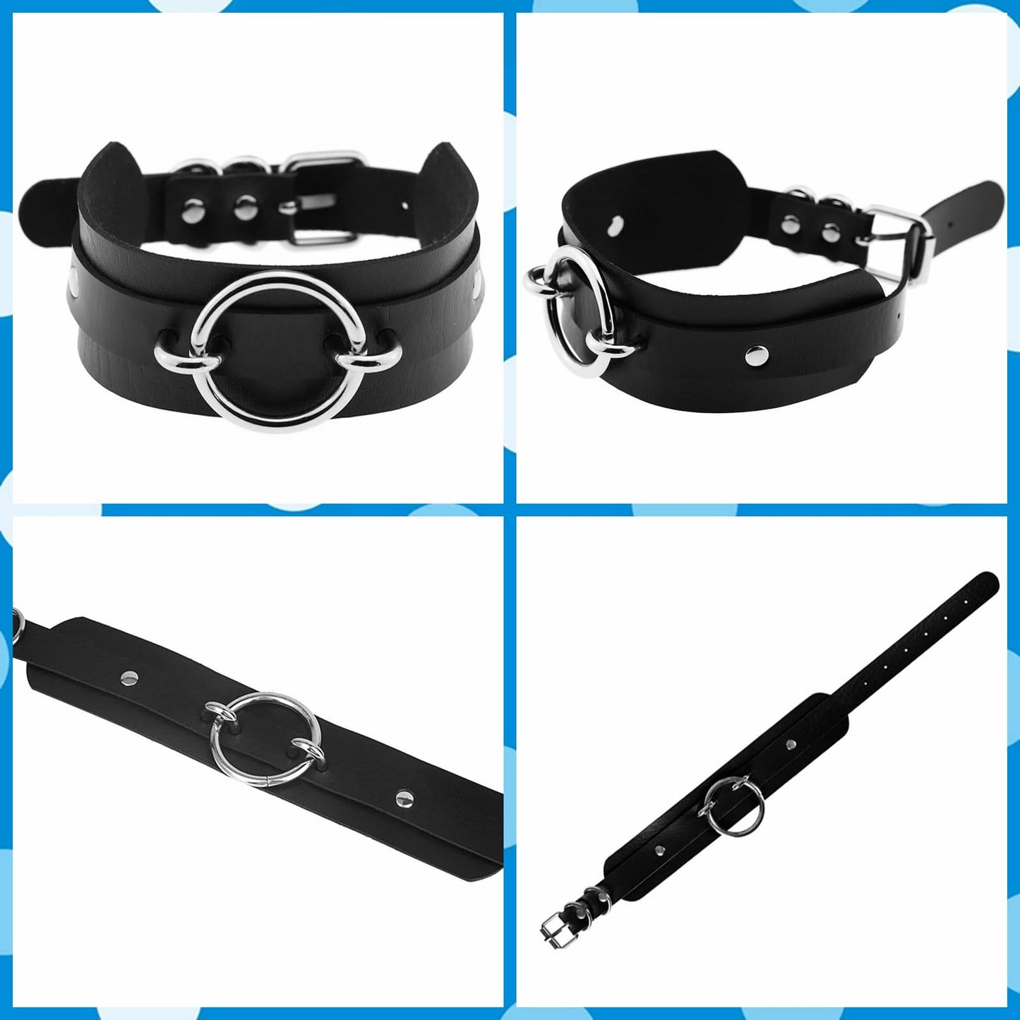 Tosmifairy Black Wide Soft Faux Leather Collar Choker Adjustable Thick PU Necklace and Bracelets Set for Women Men,Circle Ring Charm (Adjusted Neck: 17-21 Inches)