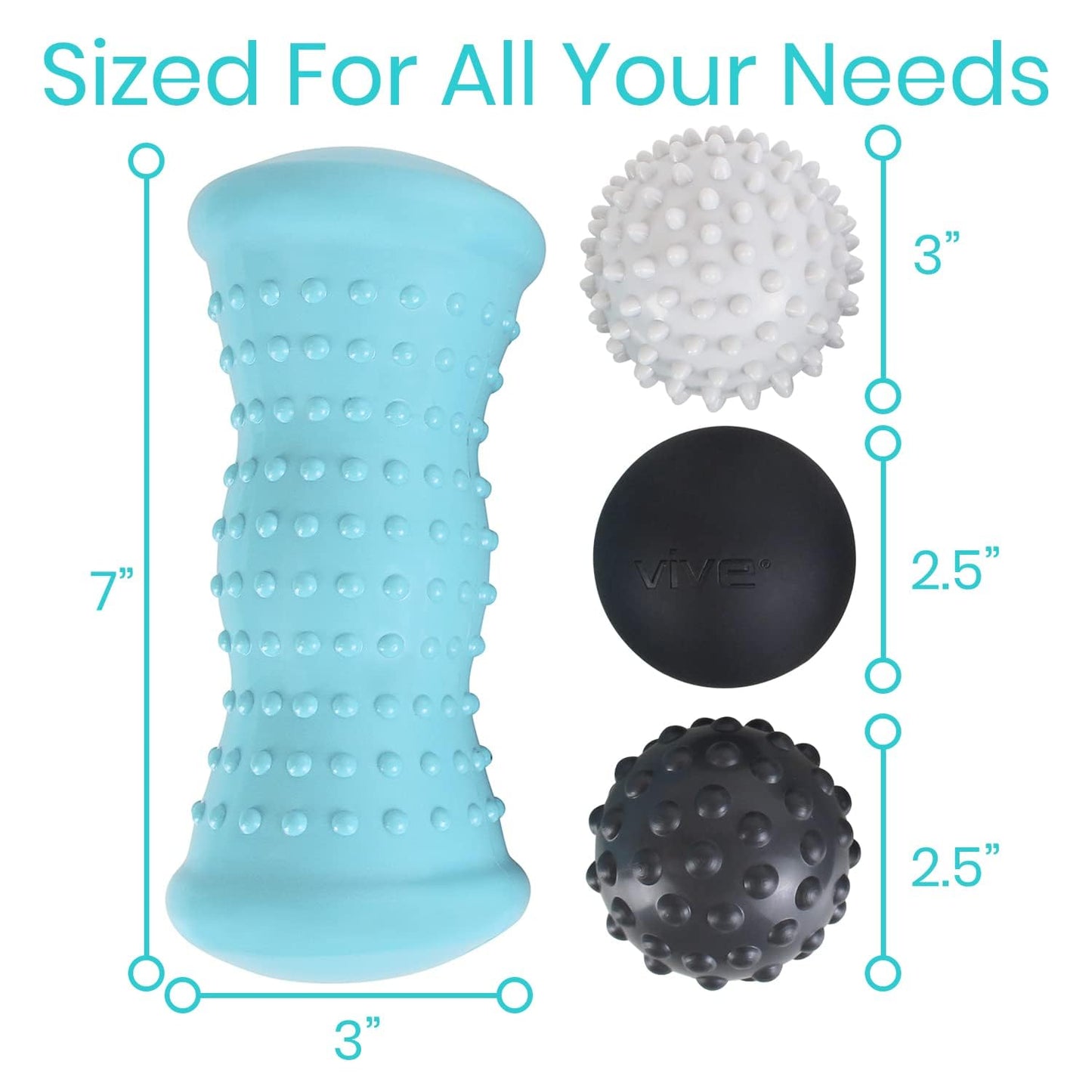 Vive Massage Ball Set (4 Piece) - Plantar Fasciitis Relief Foot Pain Hot Cold Therapy - Heel Spur, Sore Muscle, Trigger Point, Back, Arm, Neck, Shoulder, Leg Circulation Roller