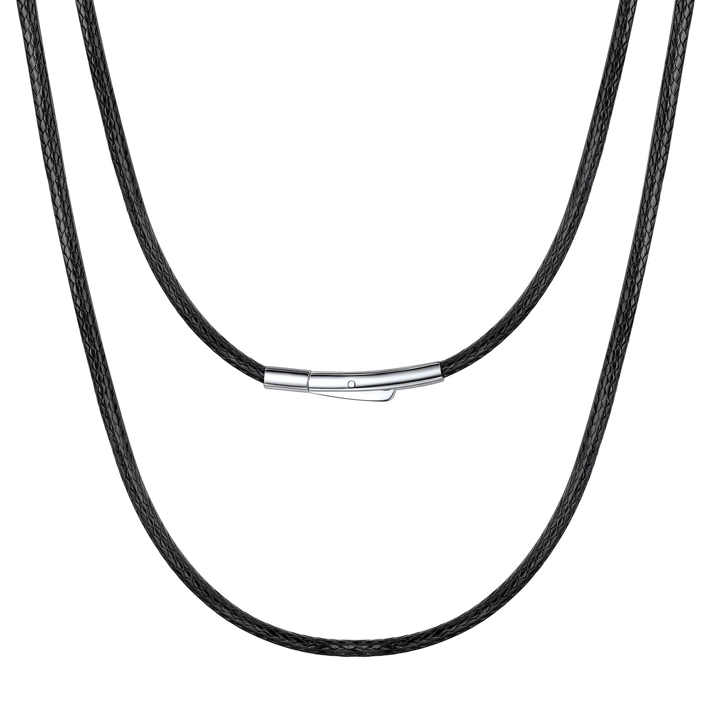 Bestyle 2MM Black Leather Necklace for Men Women,Waterproof Wax Woven Rope Chain with Stainless Steel Clasp, Leather Cord Necklace for Pendants 30"