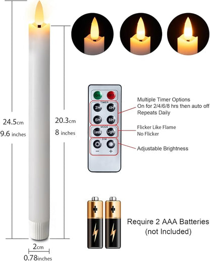 Homemory Waxy Flameless Taper Candles with Remote Timer Dimmer, Battery Operated Candlesticks Flickering, LED Window Candles Realistic, 9.6 Inches for Christmas Wedding Indoor Decor, White, 6 Pcs