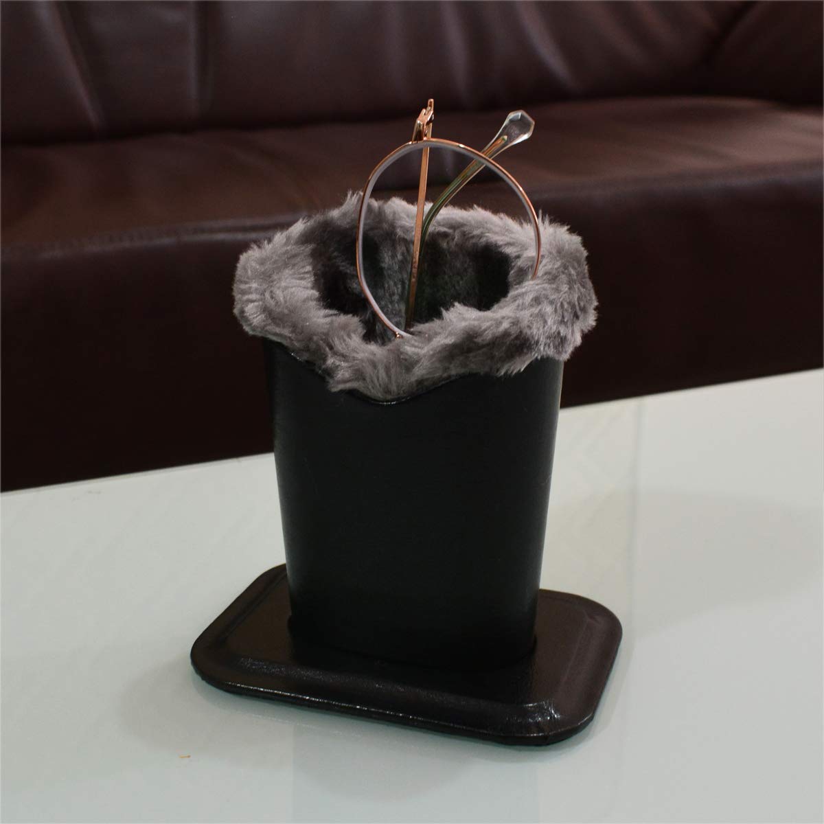 Baitaihem Pack of 2 Plush Lined Eyeglasses Holder Stand Protective Glasses Case For Desks Or Nightstands(Black and Light Gray)