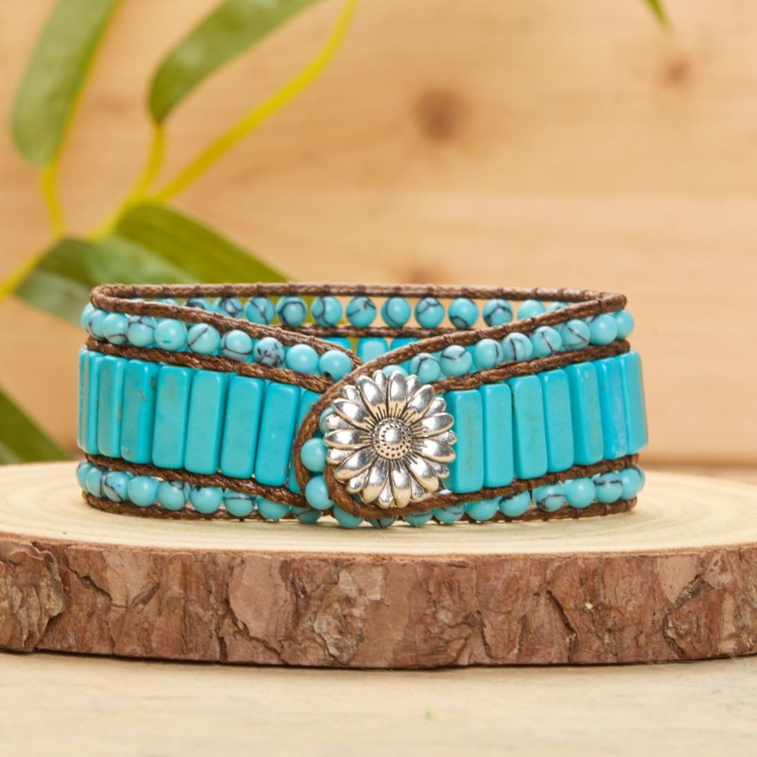 YGLINE Leather Bead Warp Bracelet Beaded Stone Handmade Gemstone Jasper Leather Cuff Bracelet