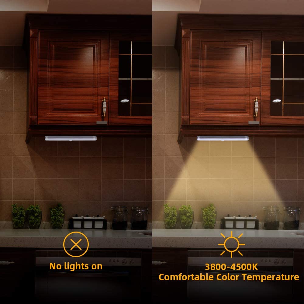 OUSFOT Cabinet Lighting 4 Pieces 20 LEDs Wireless Under Cabinet Light with Motion Sensor USB Rechargeable Battery Wardrobe Lighting Warm White Stick on for Cabinets, Stairs, Kitchen
