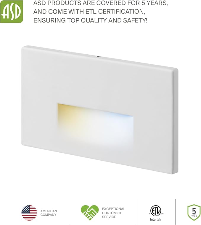 ASD LED Recessed Step Light Fixture, Dusk To Dawn Outdoor Tread Lighting | 3CCT, Motion Sensor, Photocell, Waterproof, ETL Listed | 3W 120LM 3000K-5000K 120V | Staircase Hardwired Illumination | White
