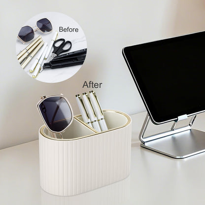 KINGFOM PU Leather Desk Organizer Pen Holder – Dual-Compartment Stylish Pencil Cup Remote Control Holder Desktop Supplies and Accessories Organizer Caddy for Office Home School (Light Beige)