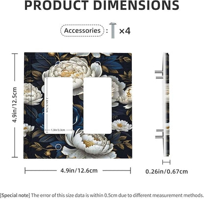 White Gold Blue Flower Dual Outlet Covers Wall Plate 2 Gang Rocker Decora Decorative Switchplate Electrical Faceplate GFCI Light Switch Covers for Farmhouse Living Decor