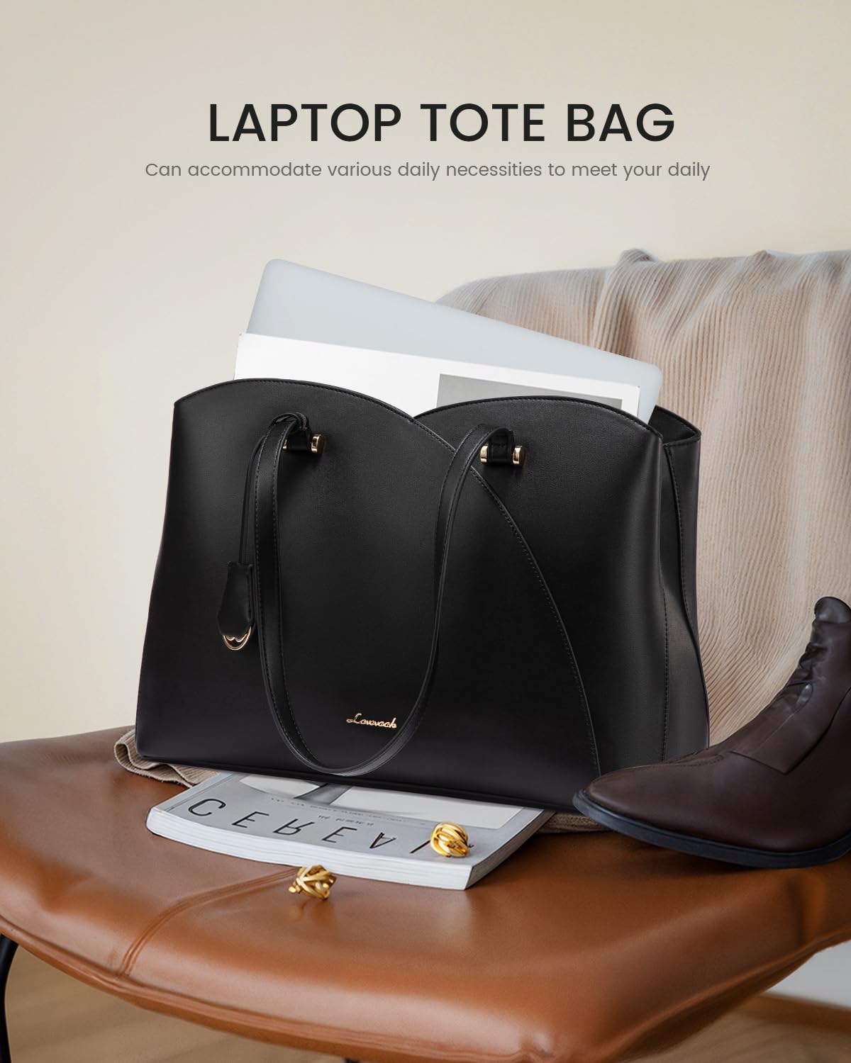 LOVEVOOK Laptop Tote Bag for Women, Work Bags Laptop Bag Teacher Tote Bag, Leather Computer Bag Large Purses Handbag Professional Briefcase, Black, Fits 15.6 Inch Laptop, Black
