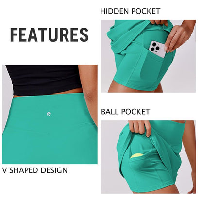 PINSPARK Womens Tennis Skirt High Waisted Cute Athletic Skort Quick Dry Golf Skirts with Pockets Shorts, Turquoise Large