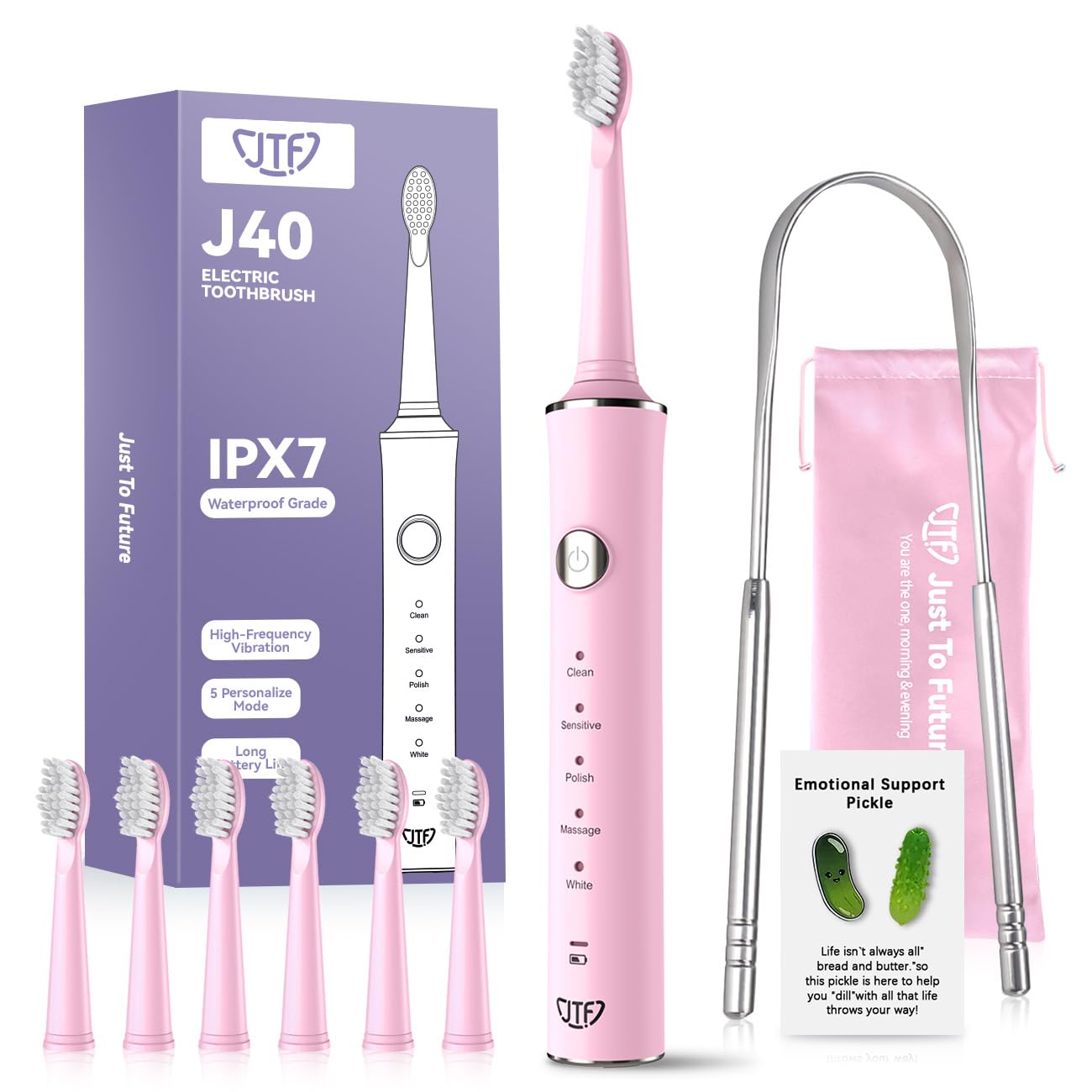 JTF Sonic Electric Toothbrush for Adults: 6 Brush Heads, Travel Bag, Tongue Scraper, 5 Brushing Modes for Teeth, Smart Timer and IPX7 Waterproof, Rechargeable Toothbrush for Deep Cleaning & Whitening