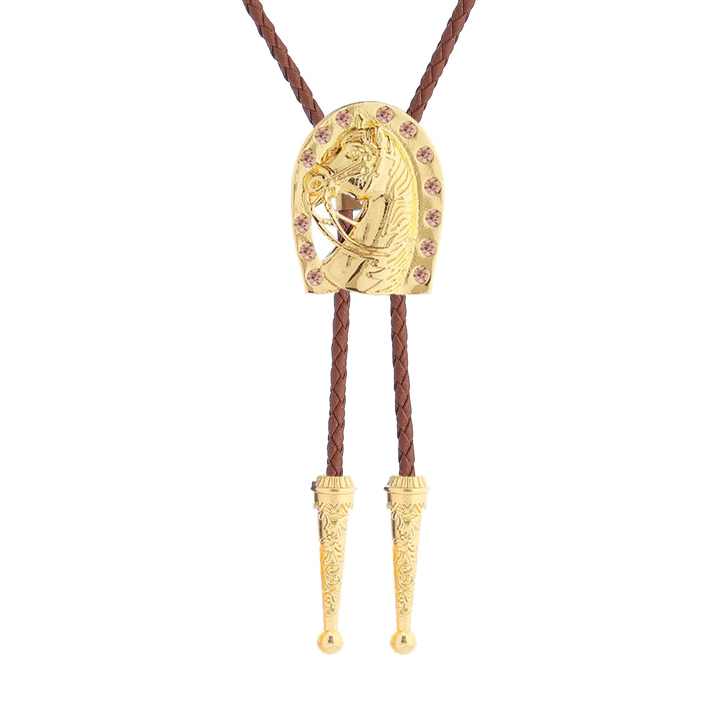 GelConnie Brown Rope Bolo Ties for Men Gold Western Cowboy Leather Necktie Women Horseshoe Bolo Tie with Brown Diamond