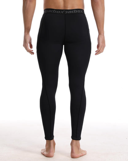 Roadbox Compression Pants Men, Running Workout Leggings with Pockets, Gym Basketball Athletic Tights Base Layer Black