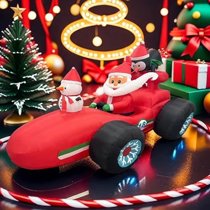 8FT Christmas car Inflatable Old Man, Santa Claus Snowman Penguin Driving Racing car, Built-in LED Lights and Blower, Christmas Inflatable Outdoor Decoration Lawn Patio Christmas Outdoor Decoration.