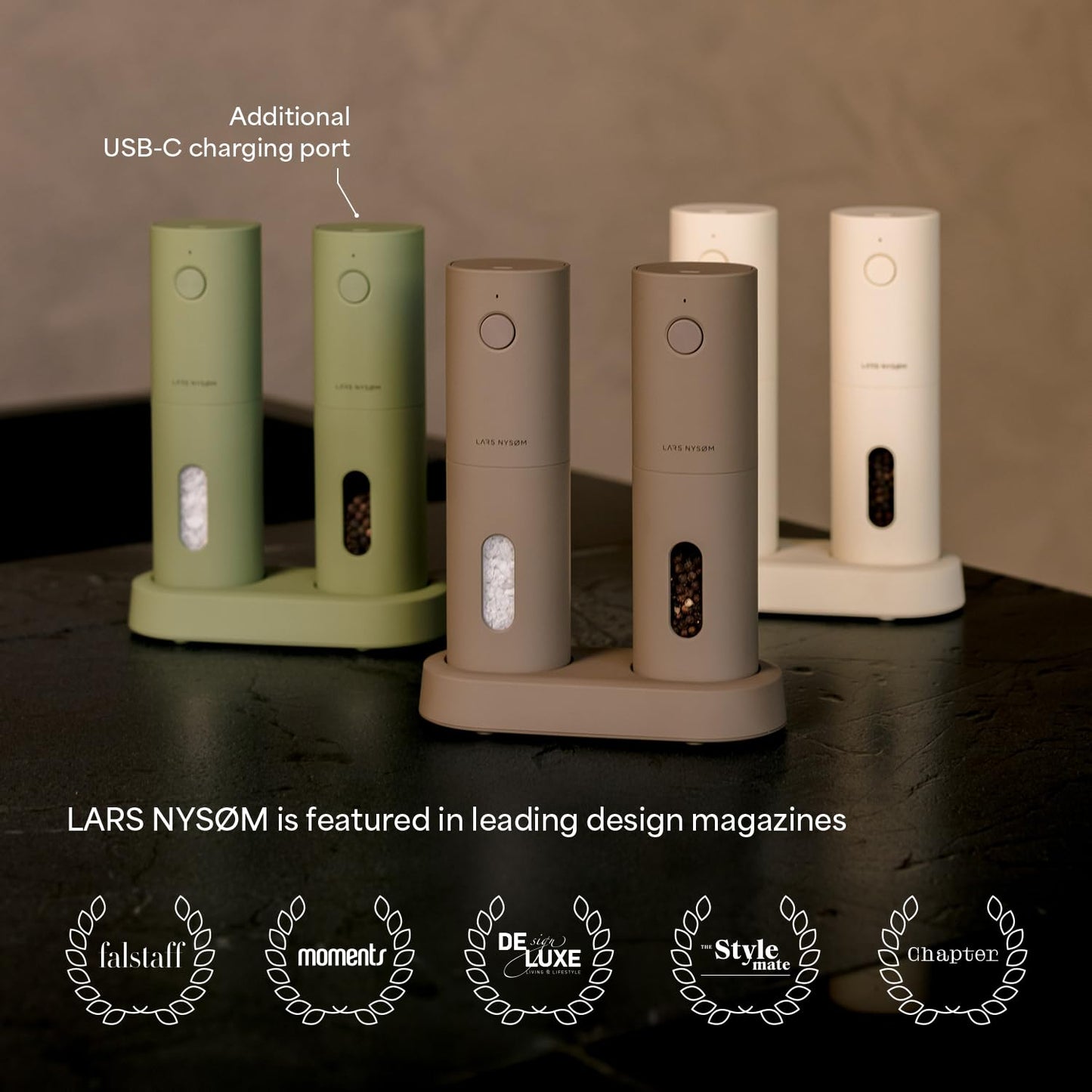 LARS NYSØM Electric Salt and Pepper Grinder Set I Automatic Salt and Pepper Mills with Adjustable Ceramic Grinder I USB Rechargeable Electric Spice Mill Set (Carbon Black)